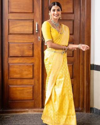 Yellow silk blend jacuard work festival saree with unstitched blouse piece 2