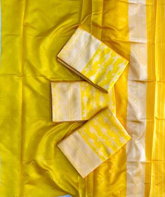 Yellow silk blend jacuard work festival saree with unstitched blouse piece 5