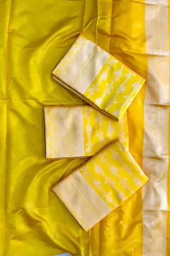 Yellow silk blend jacuard work festival saree with unstitched blouse piece