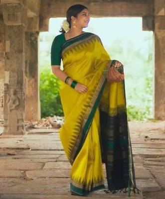 Yellow green silk blend jacuard work festival saree with unstitched blouse piece 1