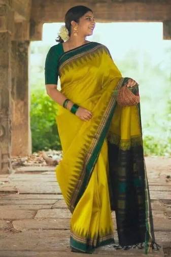 Yellow green silk blend jacuard work festival saree with unstitched blouse piece