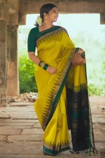 Yellow green silk blend jacuard work festival saree with unstitched blouse piece