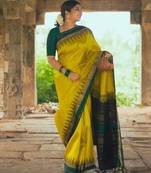 Yellow green silk blend jacuard work festival saree with unstitched blouse piece