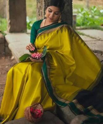 Yellow green silk blend jacuard work festival saree with unstitched blouse piece 2