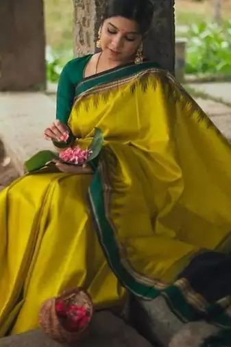 Yellow green silk blend jacuard work festival saree with unstitched blouse piece