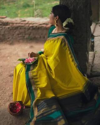 Yellow green silk blend jacuard work festival saree with unstitched blouse piece 3