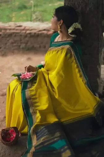 Yellow green silk blend jacuard work festival saree with unstitched blouse piece