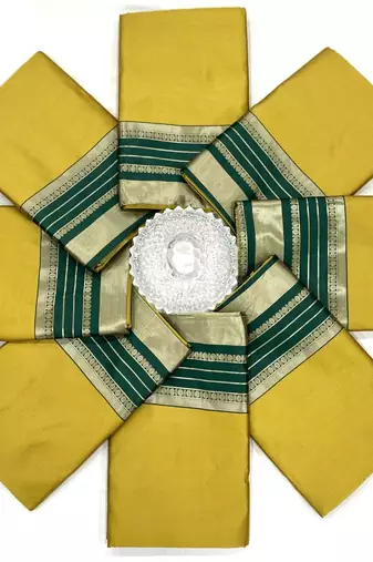 Yellow green silk blend jacuard work festival saree with unstitched blouse piece
