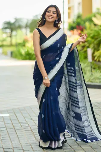 Blue black silk blend jacuard work festival saree with unstitched blouse piece