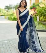 Blue black silk blend jacuard work festival saree with unstitched blouse piece