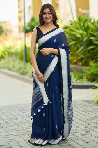Blue black silk blend jacuard work festival saree with unstitched blouse piece