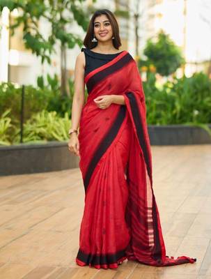 Red black silk blend jacuard work festival saree with unstitched blouse piece 1