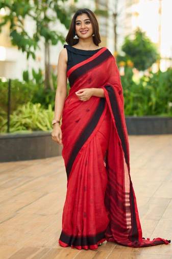 Red black silk blend jacuard work festival saree with unstitched blouse piece