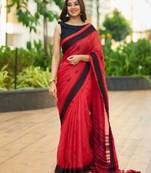 Red black silk blend jacuard work festival saree with unstitched blouse piece