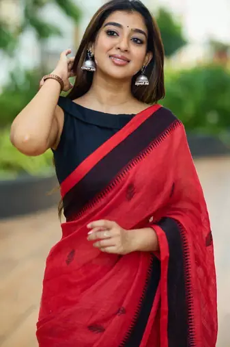 Red black silk blend jacuard work festival saree with unstitched blouse piece
