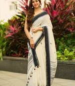 White black silk blend jacuard work festival saree with unstitched blouse piece