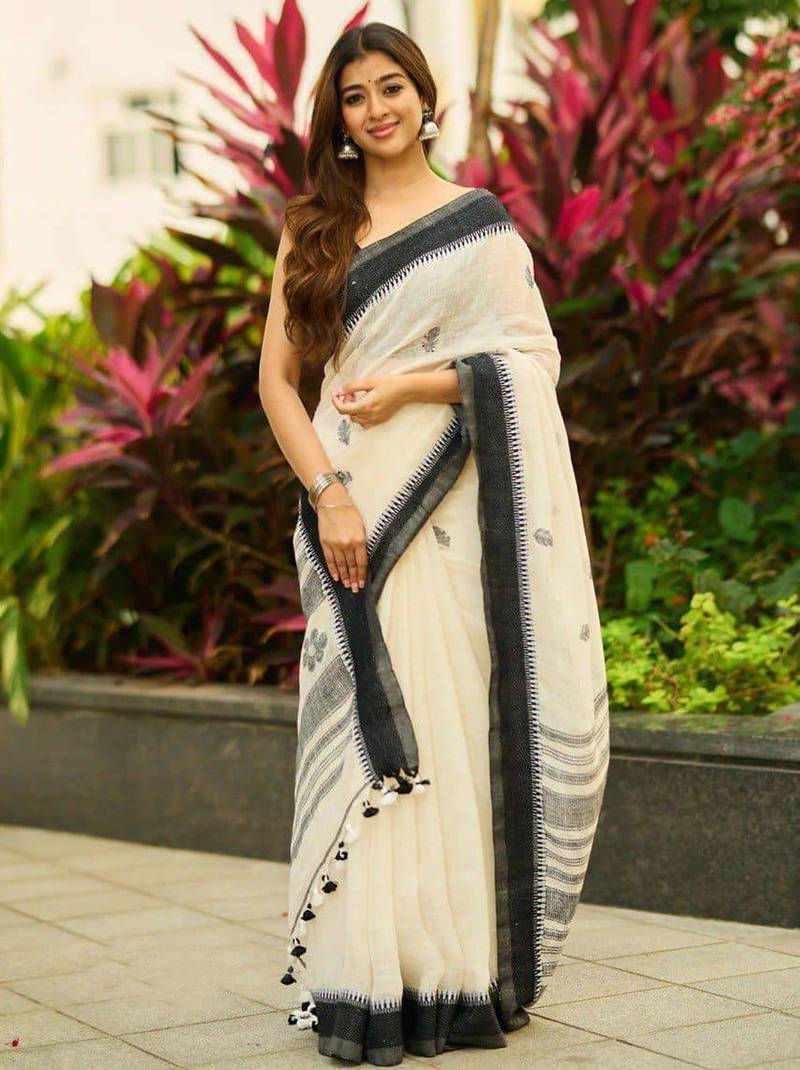 White black silk blend jacuard work festival saree with unstitched blouse piece