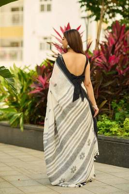 White black silk blend jacuard work festival saree with unstitched blouse piece 2