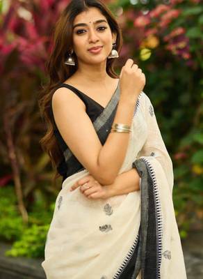 White black silk blend jacuard work festival saree with unstitched blouse piece 3