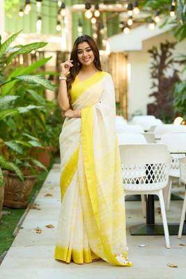 White black silk blend jacuard work festival saree with unstitched blouse piece 1