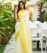 White black silk blend jacuard work festival saree with unstitched blouse piece