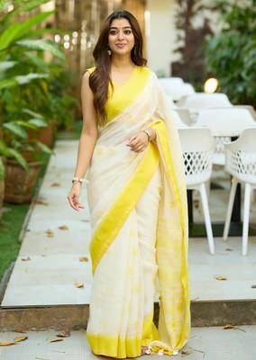 White black silk blend jacuard work festival saree with unstitched blouse piece 2