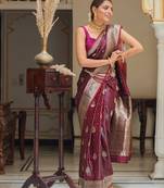 Maroon silk blend jacuard work festival saree with unstitched blouse piece