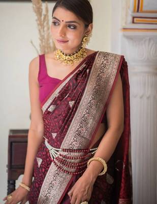 Maroon silk blend jacuard work festival saree with unstitched blouse piece 4