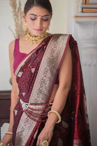 Maroon silk blend jacuard work festival saree with unstitched blouse piece