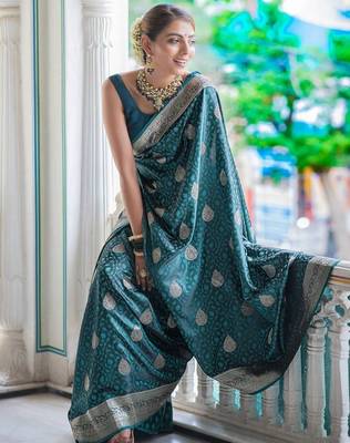 Rama silk blend jacuard work festival saree with unstitched blouse piece 1