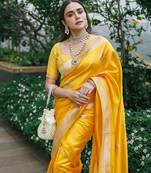 Yellow silk blend jacuard work festival saree with unstitched blouse piece