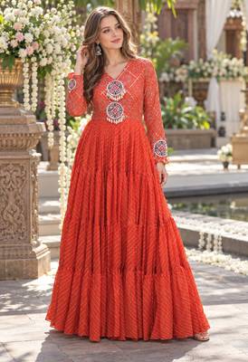 Orange georgette readymade navratri anarkali suit with laheriya & patchwork 1