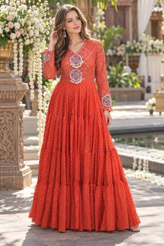 Orange georgette readymade navratri anarkali suit with laheriya & patchwork