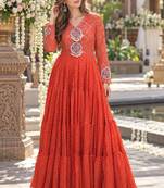 Orange georgette readymade navratri anarkali suit with laheriya & patchwork