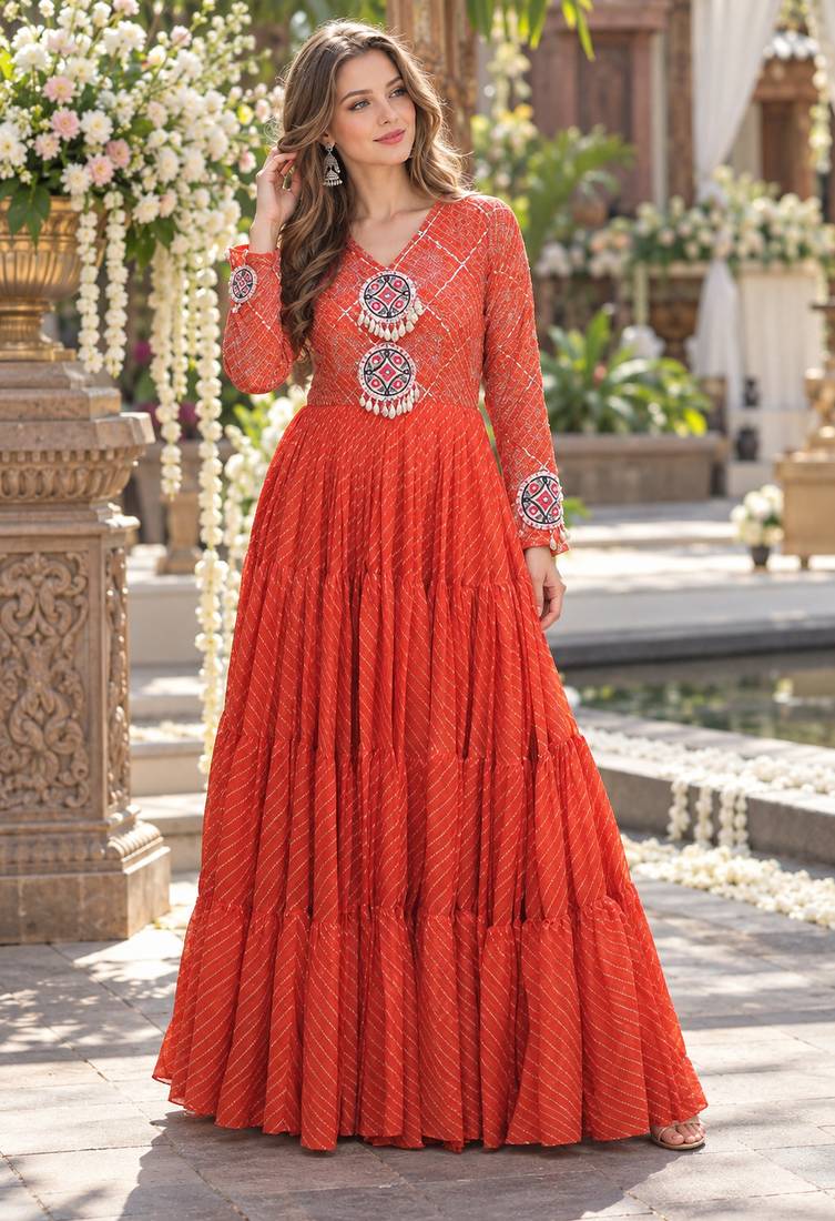 Orange georgette readymade navratri anarkali suit with laheriya & patchwork