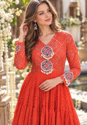 Orange georgette readymade navratri anarkali suit with laheriya & patchwork 2