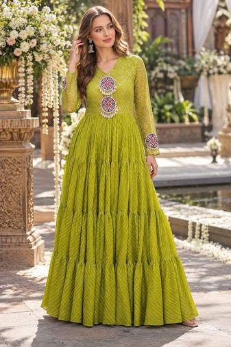 Lime georgette readymade navratri anarkali suit with laheriya & patchwork