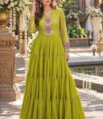 Lime georgette readymade navratri anarkali suit with laheriya & patchwork
