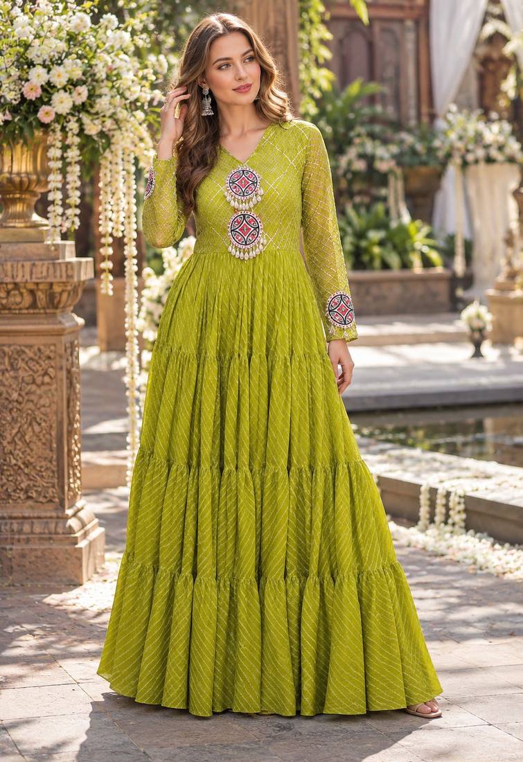 Lime georgette readymade navratri anarkali suit with laheriya & patchwork
