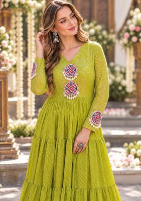 Lime georgette readymade navratri anarkali suit with laheriya & patchwork 2