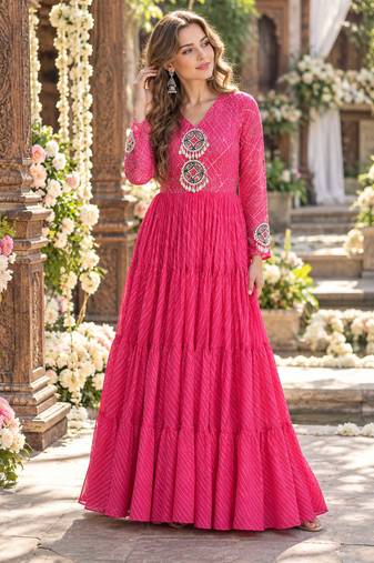Pink georgette readymade navratri anarkali suit with laheriya & patchwork