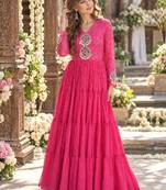 Pink georgette readymade navratri anarkali suit with laheriya & patchwork