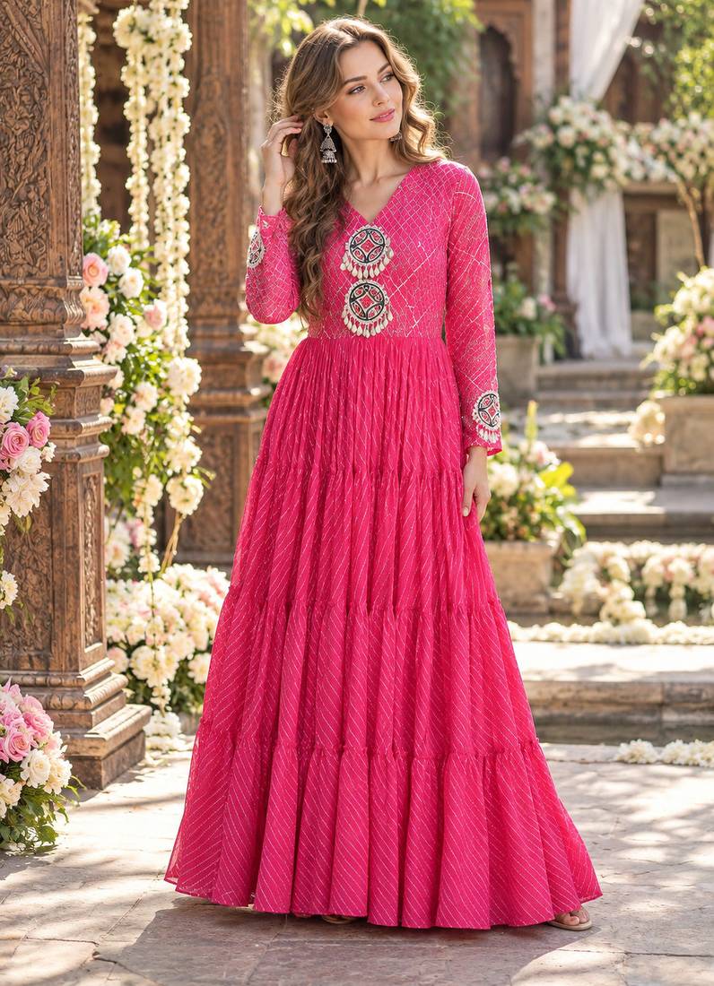 Pink georgette readymade navratri anarkali suit with laheriya & patchwork