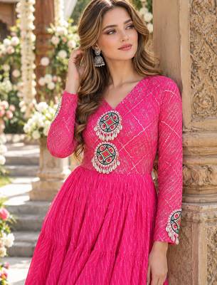 Pink georgette readymade navratri anarkali suit with laheriya & patchwork 2