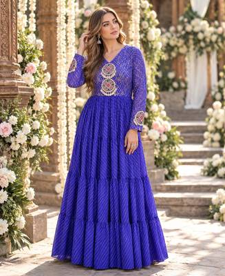 Blue georgette readymade navratri anarkali suit with laheriya & patchwork 1