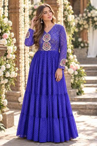 Blue georgette readymade navratri anarkali suit with laheriya & patchwork