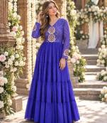 Blue georgette readymade navratri anarkali suit with laheriya & patchwork