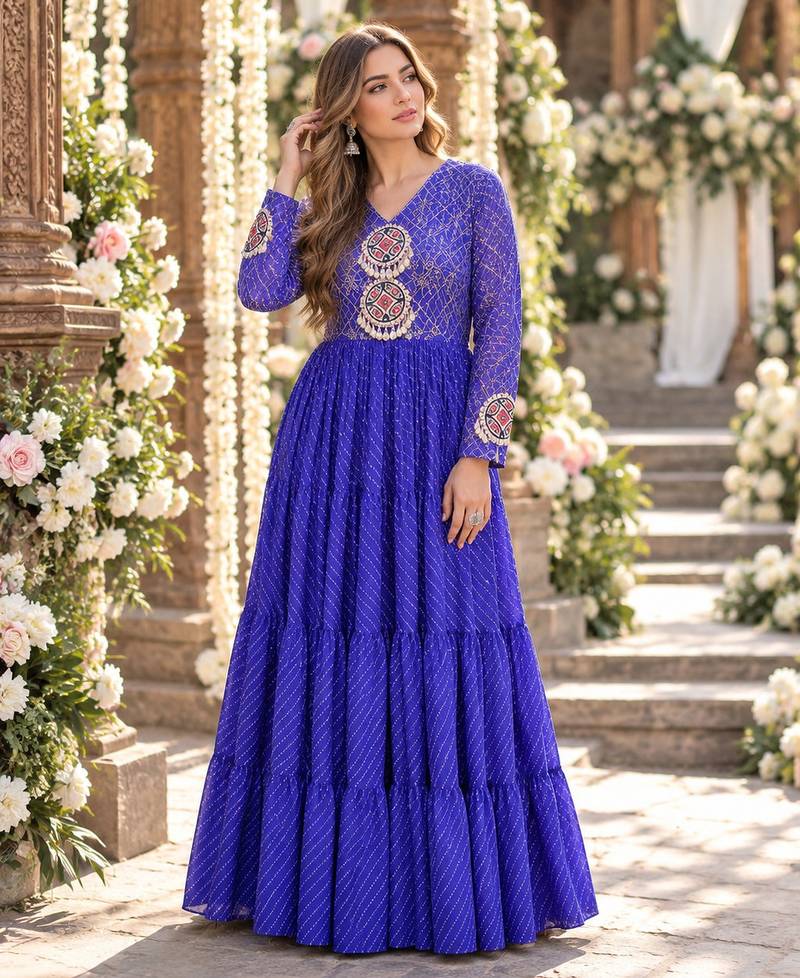 Blue georgette readymade navratri anarkali suit with laheriya & patchwork