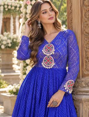 Blue georgette readymade navratri anarkali suit with laheriya & patchwork 2