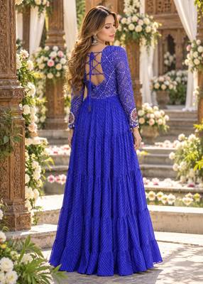Blue georgette readymade navratri anarkali suit with laheriya & patchwork 3